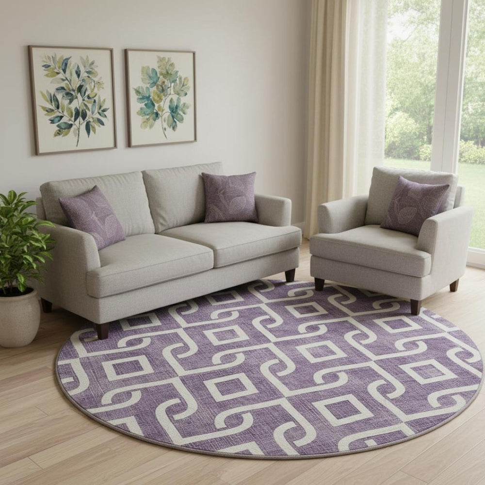 HomeRoots 8' Purple and Ivory Geometric Round Rug - Washable, UV Protected, Stain Resistant for High Traffic Areas 652560