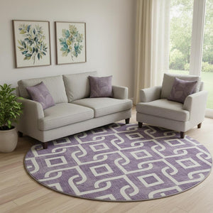 HomeRoots 8' Purple and Ivory Geometric Round Rug - Washable, UV Protected, Stain Resistant for High Traffic Areas 652560