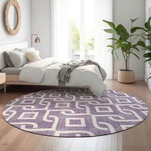 HomeRoots 8' Purple and Ivory Geometric Round Rug - Washable, UV Protected, Stain Resistant for High Traffic Areas 652560