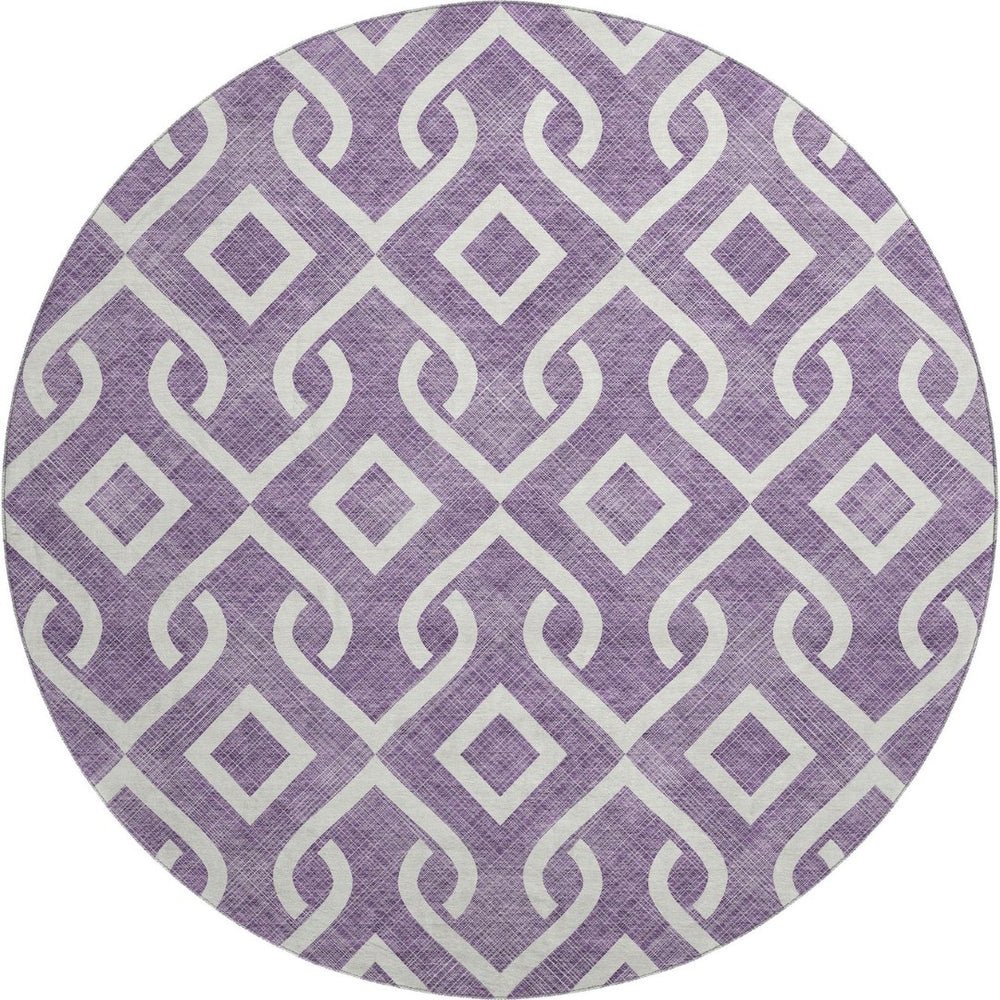 HomeRoots 8' Purple and Ivory Geometric Round Rug - Washable, UV Protected, Stain Resistant for High Traffic Areas 652560