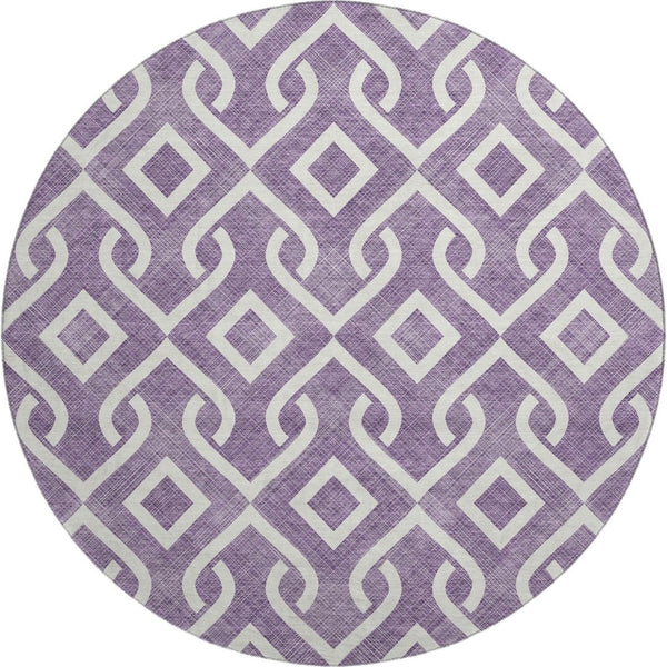 HomeRoots 8' Purple and Ivory Geometric Round Rug - Washable, UV Protected, Stain Resistant for High Traffic Areas 652560