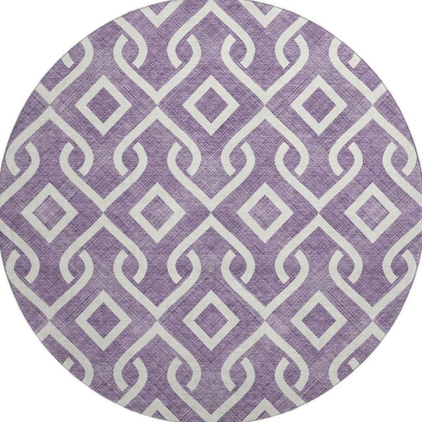 HomeRoots 8' Purple and Ivory Geometric Round Rug - Washable, UV Protected, Stain Resistant for High Traffic Areas 652560