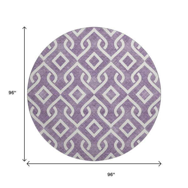 HomeRoots 8' Purple and Ivory Geometric Round Rug - Washable, UV Protected, Stain Resistant for High Traffic Areas 652560