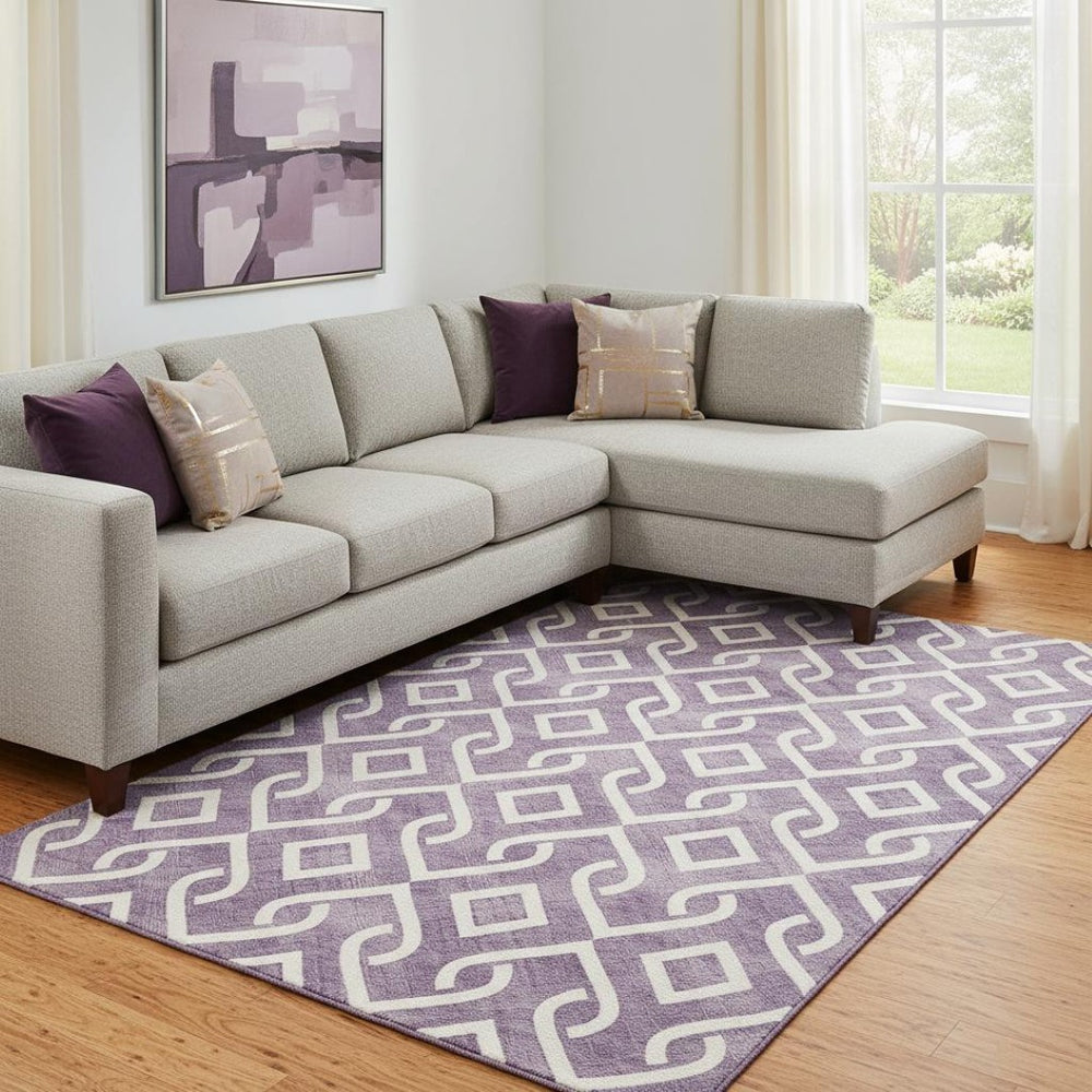 HomeRoots 9' X 12' Stylish Purple and Ivory Geometric Washable Area Rug with UV Protection for Homes 652562