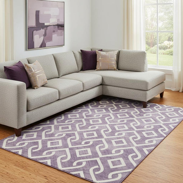 HomeRoots 9' X 12' Stylish Purple and Ivory Geometric Washable Area Rug with UV Protection for Homes 652562