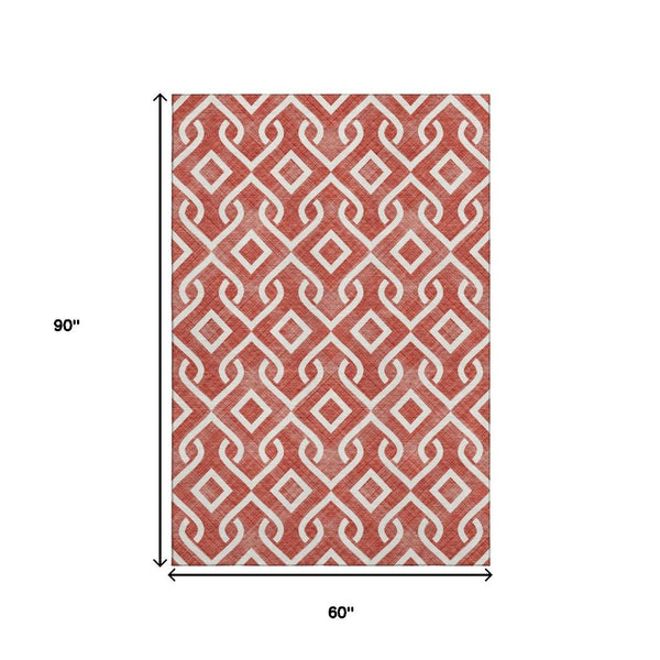 HomeRoots 5' X 8' Red And Ivory Geometric Area Rug - Washable, UV Protected, Perfect for Kids & Pets! 652565
