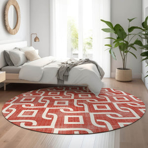 HomeRoots 8' Red and Ivory Geometric Round Rug - Washable, UV Protected, Stylish, and Family-Friendly Design! 652566
