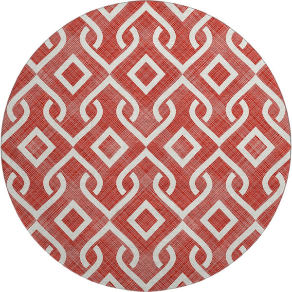 HomeRoots 8' Red and Ivory Geometric Round Rug - Washable, UV Protected, Stylish, and Family-Friendly Design! 652566