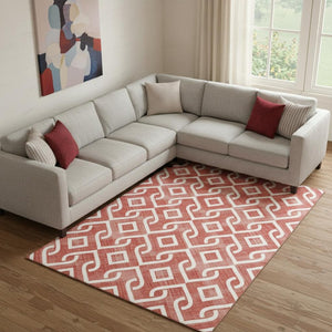 HomeRoots 8' X 10' Stylish Red & Ivory Geometric Area Rug - Washable, UV Protected, Perfect for Busy Homes! 652567