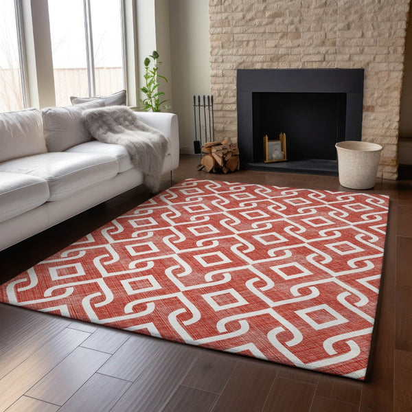 HomeRoots 8' X 10' Stylish Red & Ivory Geometric Area Rug - Washable, UV Protected, Perfect for Busy Homes! 652567