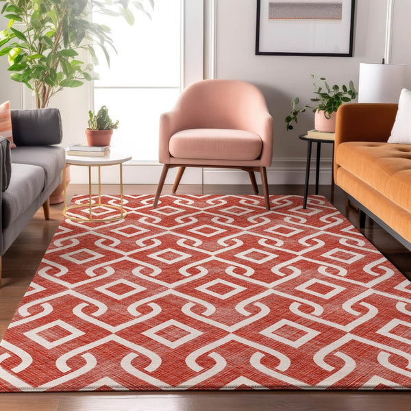 HomeRoots 9' X 12' Red & Ivory Geometric Area Rug - Washable, UV Protected, Perfect for Homes with Kids & Pets 652568