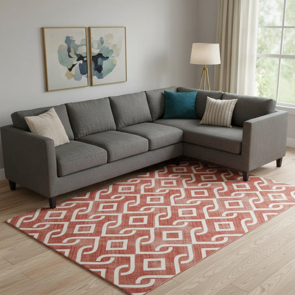 HomeRoots 9' X 12' Red & Ivory Geometric Area Rug - Washable, UV Protected, Perfect for Homes with Kids & Pets 652568