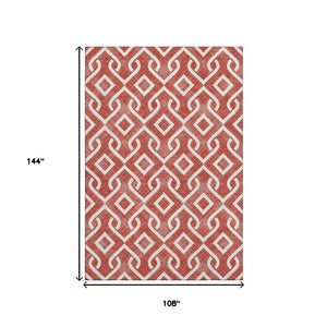 HomeRoots 9' X 12' Red & Ivory Geometric Area Rug - Washable, UV Protected, Perfect for Homes with Kids & Pets 652568