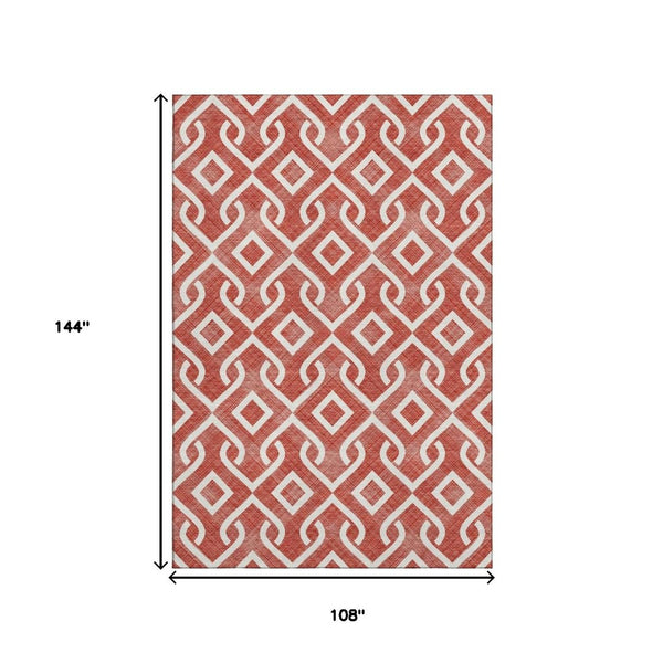 HomeRoots 9' X 12' Red & Ivory Geometric Area Rug - Washable, UV Protected, Perfect for Homes with Kids & Pets 652568