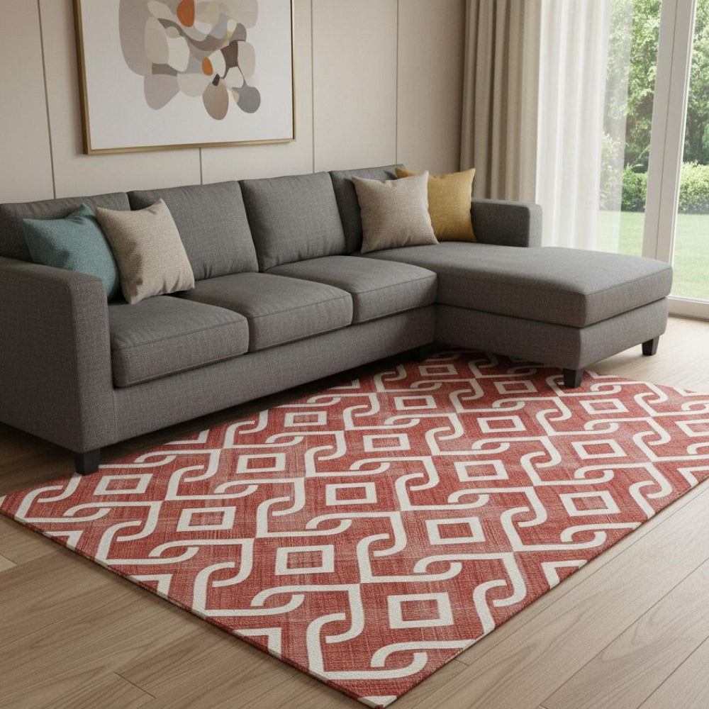 HomeRoots 10' X 14' Red and Ivory Geometric Area Rug - Stylish, Washable, UV-Protected for Busy Homes 652569