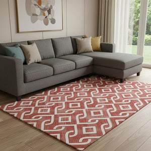 HomeRoots 10' X 14' Red and Ivory Geometric Area Rug - Stylish, Washable, UV-Protected for Busy Homes 652569