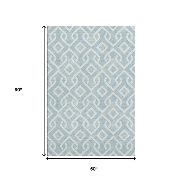 HomeRoots 5' X 8' Sky Blue & Ivory Geometric Washable Area Rug – UV Resistant, Stain-Proof, Ideal for Families 652571