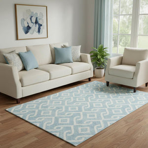 HomeRoots 5' X 8' Sky Blue & Ivory Geometric Washable Area Rug – UV Resistant, Stain-Proof, Ideal for Families 652571