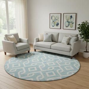 HomeRoots 8' Sky Blue & Ivory Geometric Round Rug - Durable, Washable, UV-Protected for Modern Living Spaces 652572