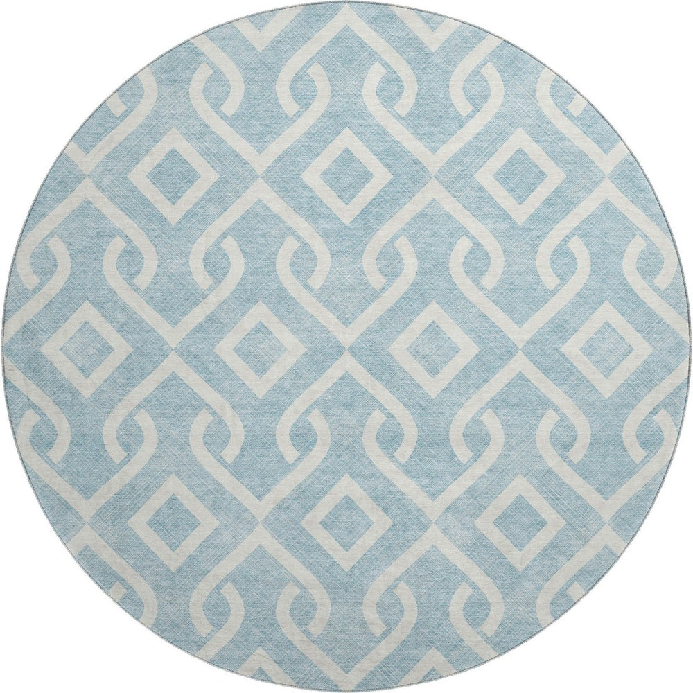 HomeRoots 8' Sky Blue & Ivory Geometric Round Rug - Durable, Washable, UV-Protected for Modern Living Spaces 652572