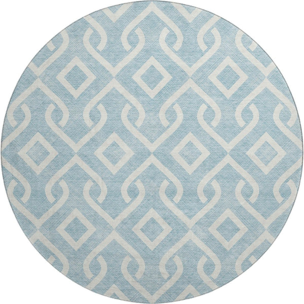 HomeRoots 8' Sky Blue & Ivory Geometric Round Rug - Durable, Washable, UV-Protected for Modern Living Spaces 652572