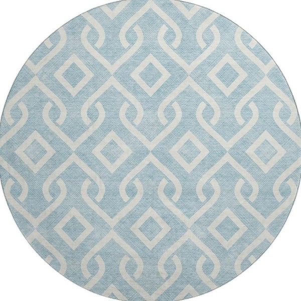 HomeRoots 8' Sky Blue & Ivory Geometric Round Rug - Durable, Washable, UV-Protected for Modern Living Spaces 652572