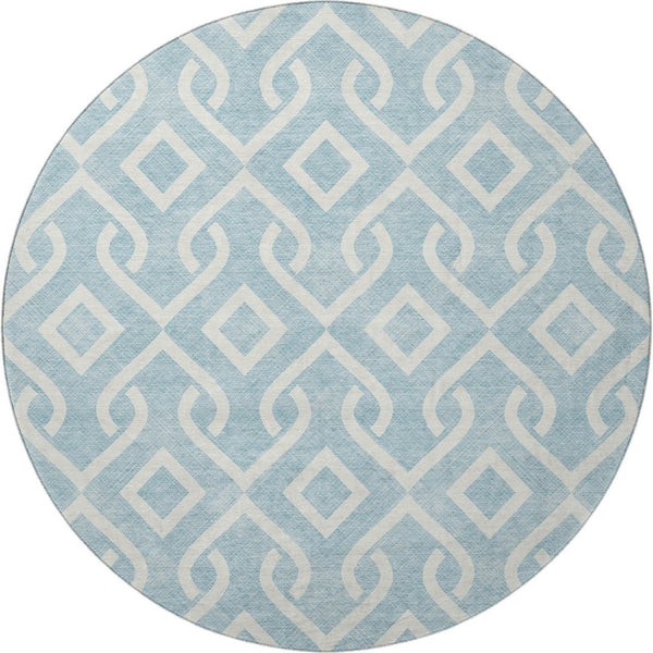 HomeRoots 8' Sky Blue & Ivory Geometric Round Rug - Durable, Washable, UV-Protected for Modern Living Spaces 652572