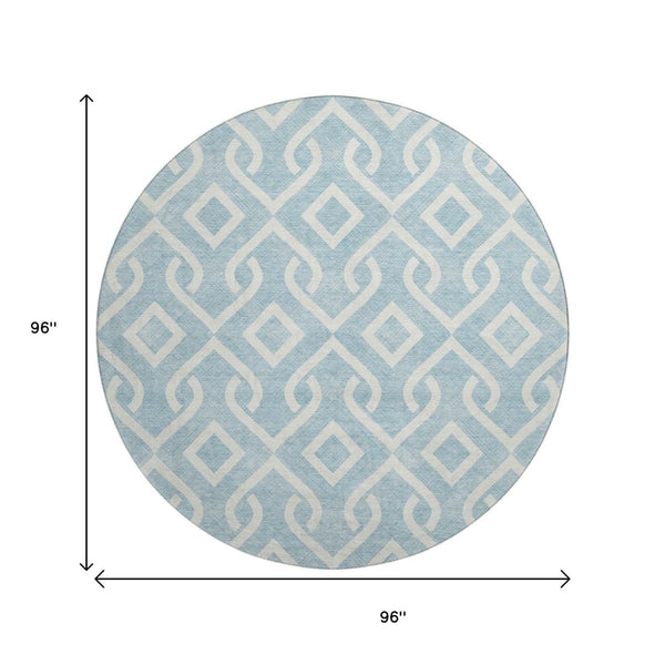 HomeRoots 8' Sky Blue & Ivory Geometric Round Rug - Durable, Washable, UV-Protected for Modern Living Spaces 652572