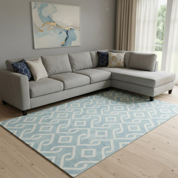 HomeRoots 8' X 10' Sky Blue & Ivory Geometric Area Rug - Washable, UV Protected, Non-Slip for Stylish Living Spaces 652573
