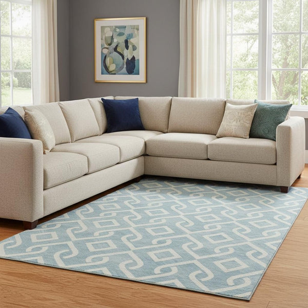 HomeRoots 10' X 14' Sky Blue Geometric Washable Area Rug with UV Protection for Modern Homes & Active Lifestyles 652575