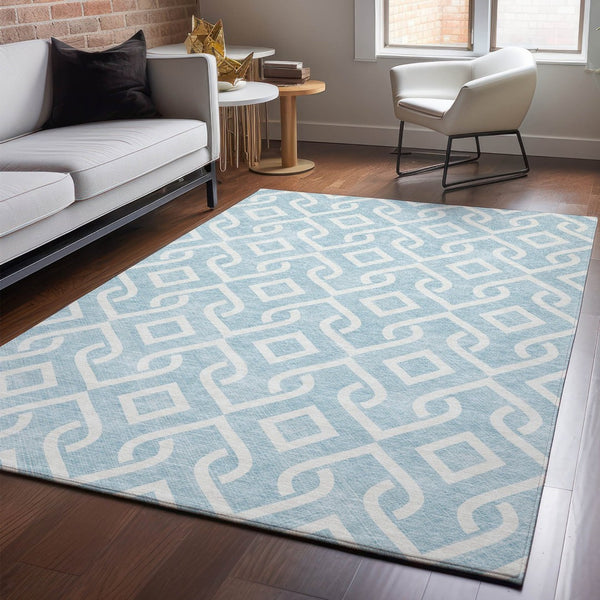 HomeRoots 10' X 14' Sky Blue Geometric Washable Area Rug with UV Protection for Modern Homes & Active Lifestyles 652575