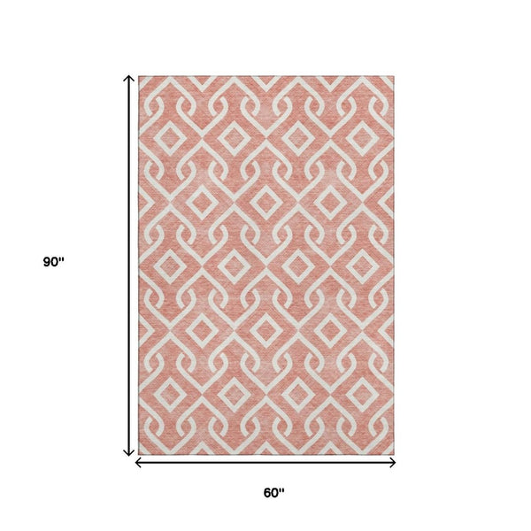 HomeRoots 5' X 8' Salmon and Ivory Geometric Area Rug - UV Protected, Stain-Resistant, Soft Polyester Comfort 652577