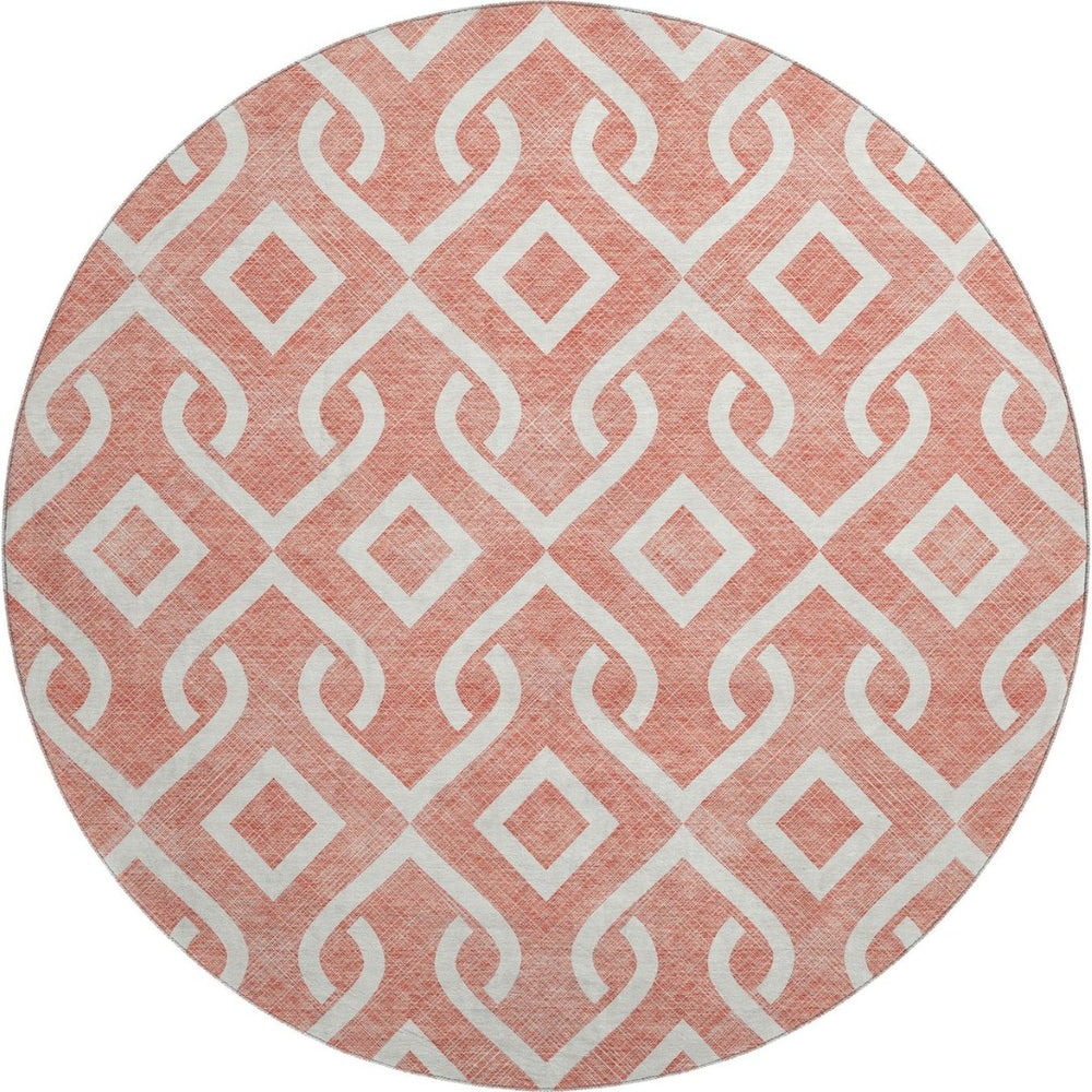 HomeRoots 8' Salmon and Ivory Geometric Round Rug - Washable, UV-Protected, Durable for High-Traffic Areas 652578