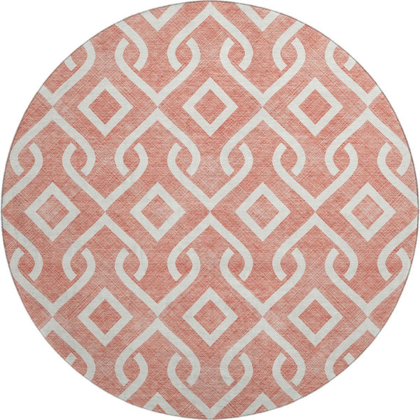 HomeRoots 8' Salmon and Ivory Geometric Round Rug - Washable, UV-Protected, Durable for High-Traffic Areas 652578