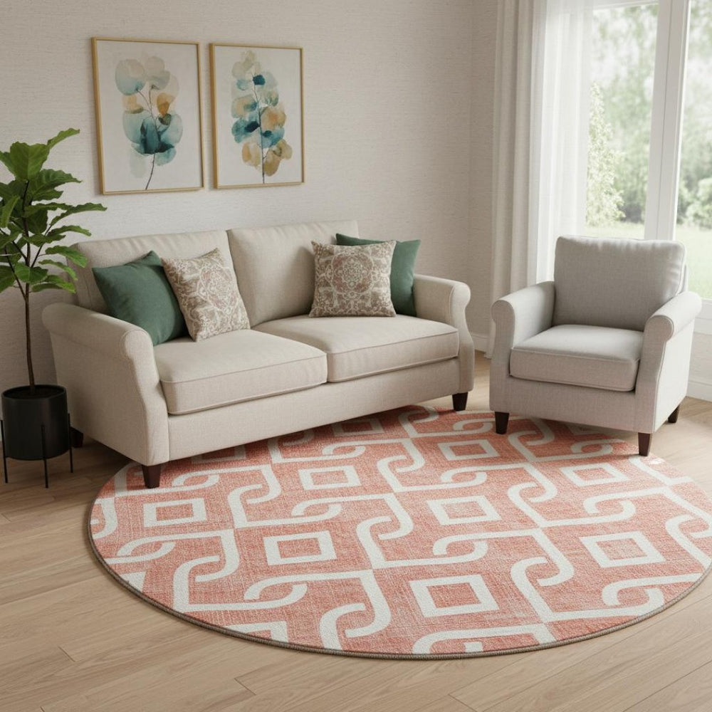 HomeRoots 8' Salmon and Ivory Geometric Round Rug - Washable, UV-Protected, Durable for High-Traffic Areas 652578