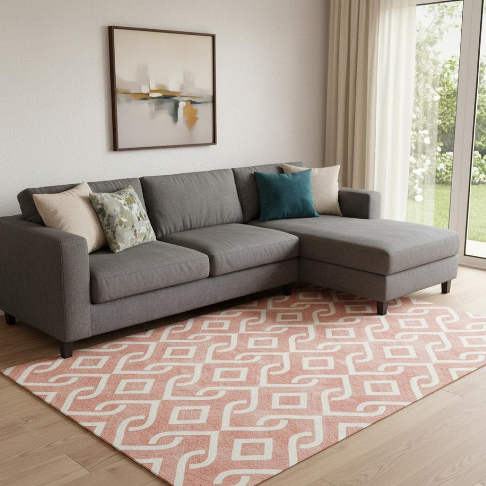 HomeRoots 9' X 12' Salmon and Ivory Geometric Area Rug - Durable, Washable, UV-Protected for Homes with Kids & Pets 652580