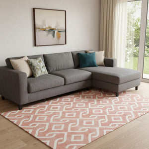 HomeRoots 9' X 12' Salmon and Ivory Geometric Area Rug - Durable, Washable, UV-Protected for Homes with Kids & Pets 652580