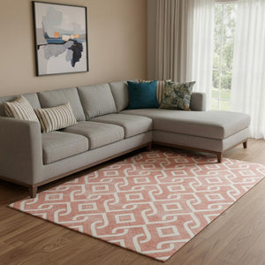 HomeRoots 10' X 14' Salmon & Ivory Geometric Washable Area Rug – Durable, Stylish, UV-Protected for Modern Living 652581