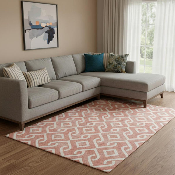 HomeRoots 10' X 14' Salmon & Ivory Geometric Washable Area Rug – Durable, Stylish, UV-Protected for Modern Living 652581