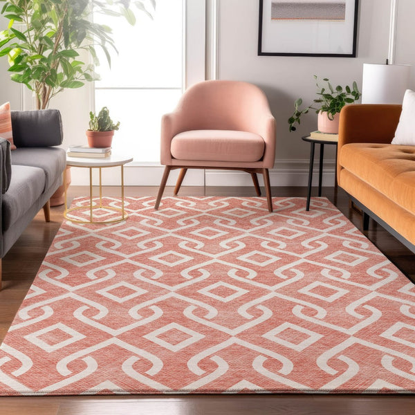 HomeRoots 10' X 14' Salmon & Ivory Geometric Washable Area Rug – Durable, Stylish, UV-Protected for Modern Living 652581