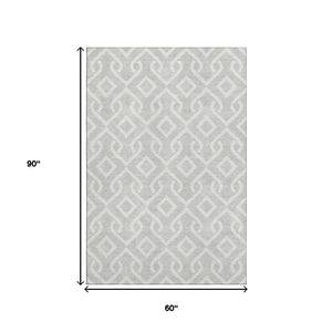 HomeRoots 5' Modern Silver and Ivory Geometric Washable Area Rug with UV Protection for Stylish Durability 652583