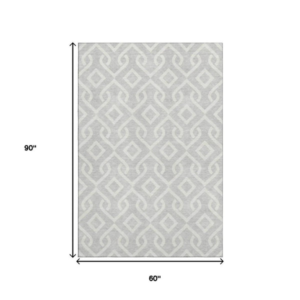 HomeRoots 5' Modern Silver and Ivory Geometric Washable Area Rug with UV Protection for Stylish Durability 652583