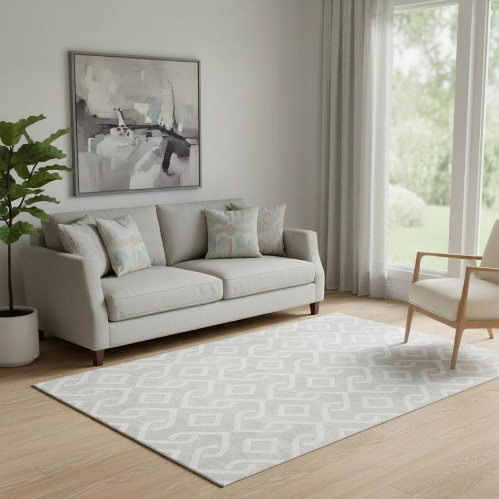 HomeRoots 5' Modern Silver and Ivory Geometric Washable Area Rug with UV Protection for Stylish Durability 652583