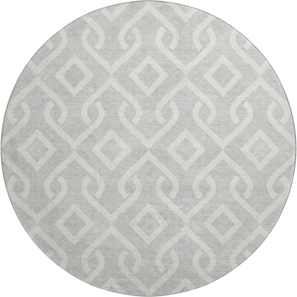 HomeRoots 8' Silver and Ivory Geometric Washable Round Rug - Durable, UV-Protected, Stain-Resistant Style 652584