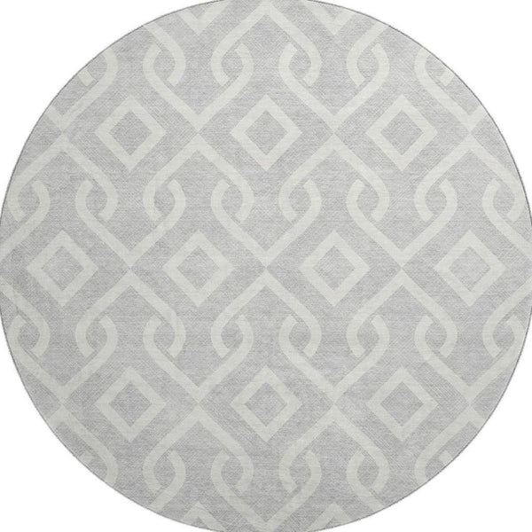 HomeRoots 8' Silver and Ivory Geometric Washable Round Rug - Durable, UV-Protected, Stain-Resistant Style 652584