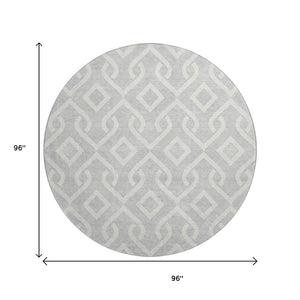 HomeRoots 8' Silver and Ivory Geometric Washable Round Rug - Durable, UV-Protected, Stain-Resistant Style 652584