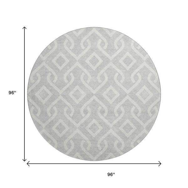 HomeRoots 8' Silver and Ivory Geometric Washable Round Rug - Durable, UV-Protected, Stain-Resistant Style 652584
