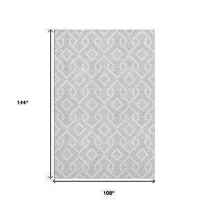 HomeRoots 9' X 12' Stylish Silver & Ivory Geometric Area Rug - Durable, Washable, UV-Protected for High Traffic Spaces 652586