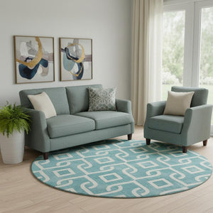 HomeRoots 8' Teal And Ivory Geometric Round Rug – UV-Resistant, Washable, Perfect for Indoor & Patio Use 652590