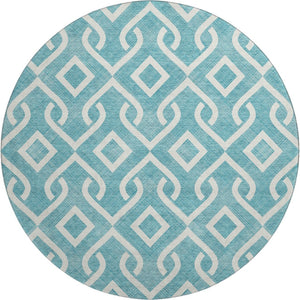 HomeRoots 8' Teal And Ivory Geometric Round Rug – UV-Resistant, Washable, Perfect for Indoor & Patio Use 652590
